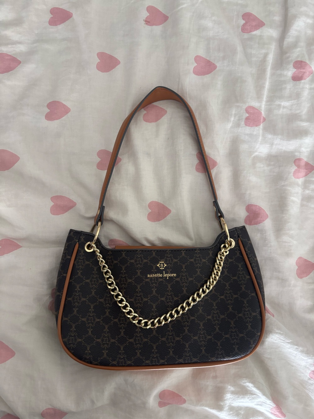 Nanette Lepore Brown Patterned Shoulder Bag with Gold Chain
